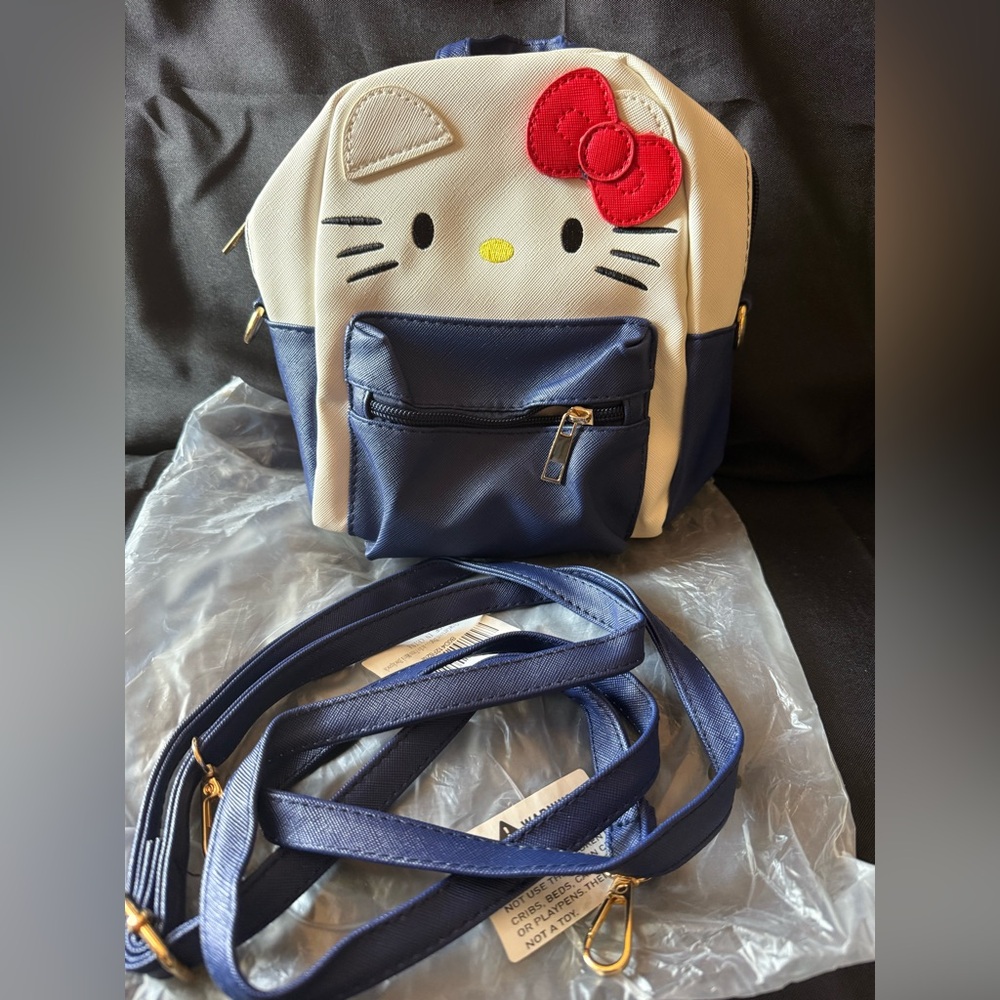New Hello Kitty Blue and White Backpack Purse with Red Bow